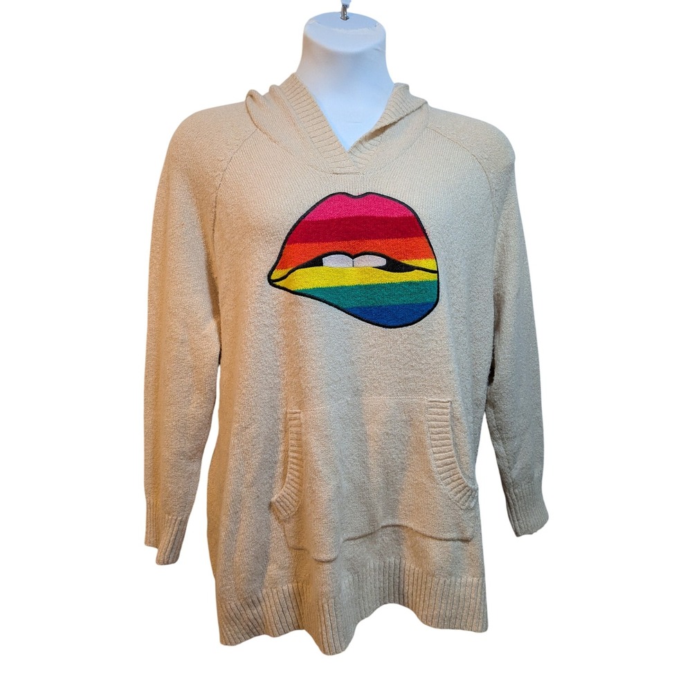 Torrid 1X Pullover Hoodie Sweater Multicolor Lips Beige Grunge Streetwear Pride